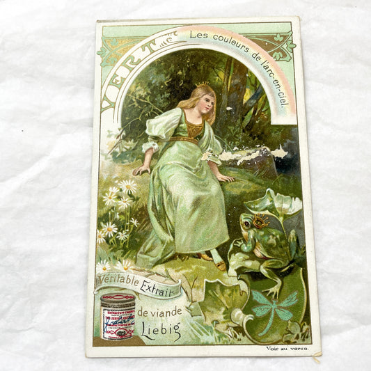 1900s - Art Nouveau Enchanted Forest Princess Frog - Vintage French Chromo Card - Liebig Extract De Viande Advertisement - Collectible Card