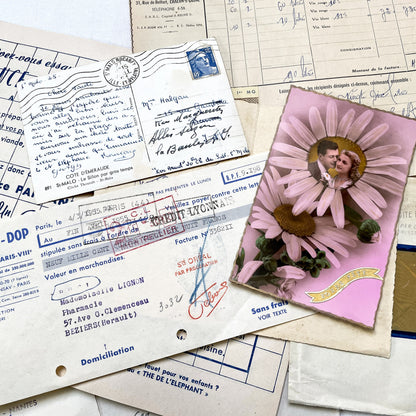 1950s - French Vintage Ephemera Paper Pack - Letters - Old Invoices - Advertisements - Postcards - Photos - Collectible Documents Lot