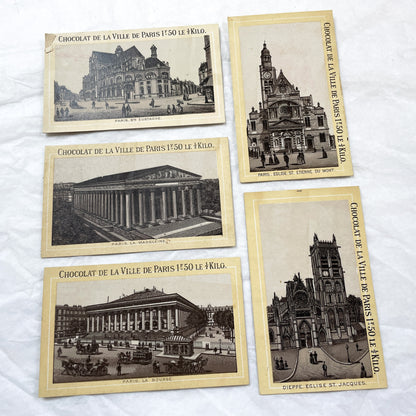 1900s - Set of 5 Vintage Advertising Trade Cards - "Chocolat De La Ville De Paris" - Paris Landmark Chromos - Historic Architectural