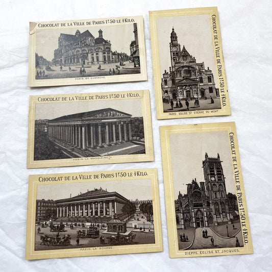 1900s - Set of 5 Vintage Advertising Trade Cards - "Chocolat De La Ville De Paris" - Paris Landmark Chromos - Historic Architectural