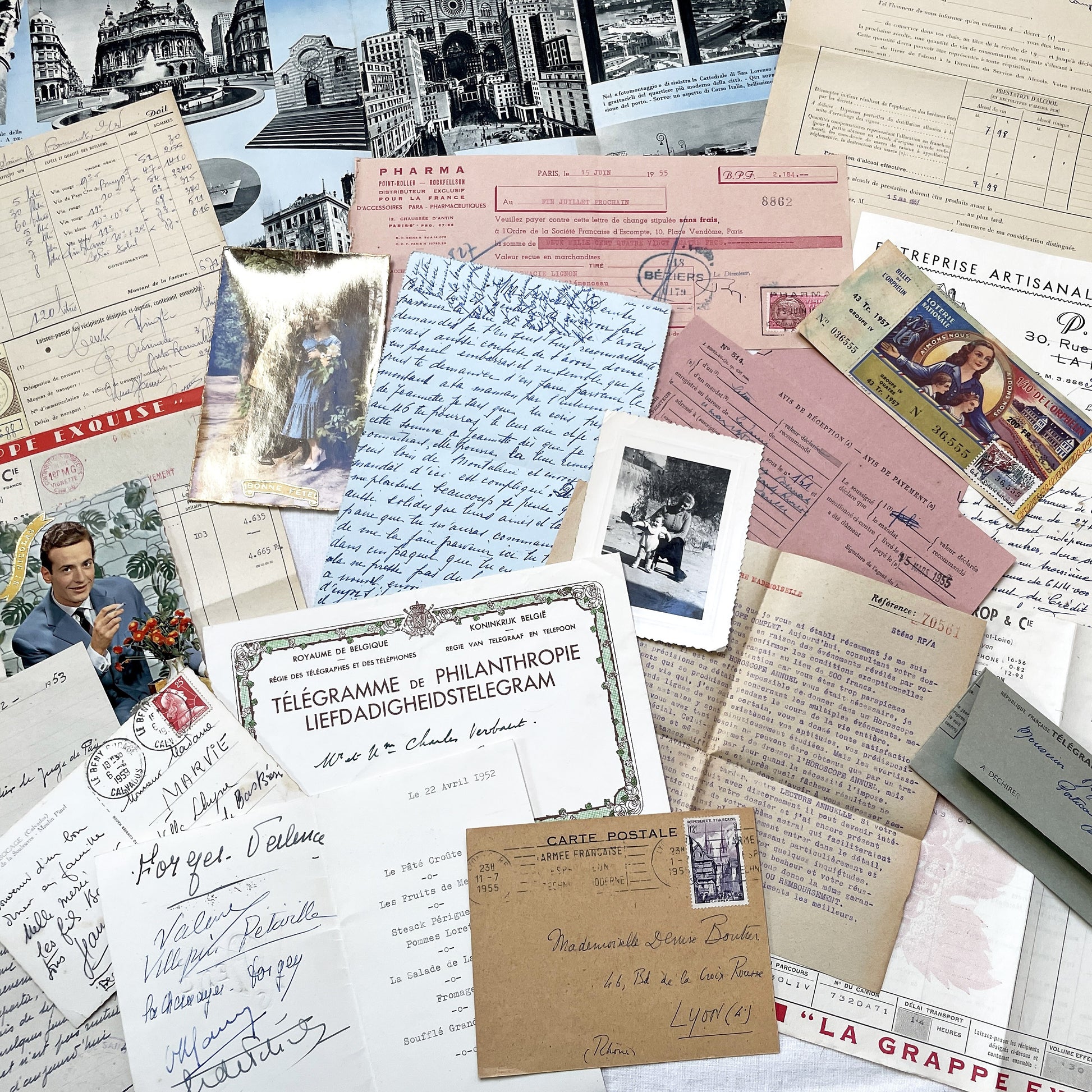 1950s - Vintage French Paper Ephemera Lot - Invoices - Letters - Postcards - Telegrams - Photos - Tickets - Junk Journal Supplies