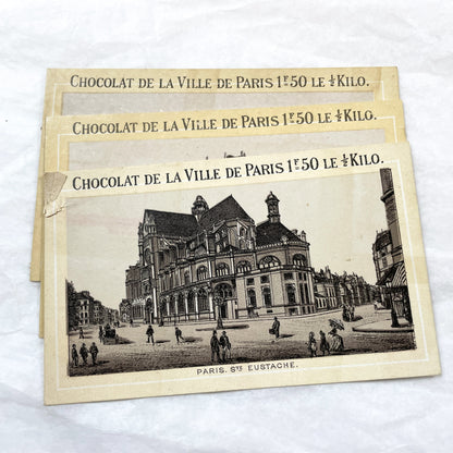 1900s - Set of 5 Vintage Advertising Trade Cards - "Chocolat De La Ville De Paris" - Paris Landmark Chromos - Historic Architectural