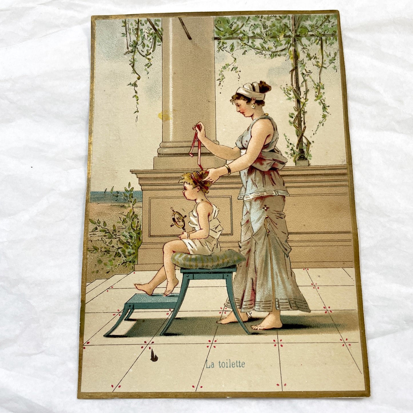 1900s - Large Chromolithograph Print - La Toilette Scene - Classical Era Art Nouveau - Mother And Child - Antique French Collectible