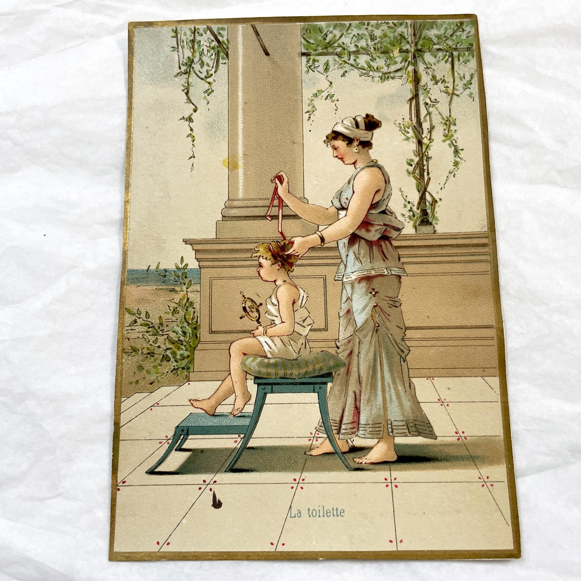 1900s - Large Chromolithograph Print - La Toilette Scene - Classical Era Art Nouveau - Mother And Child - Antique French Collectible