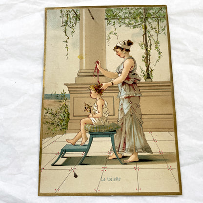 1900s - Large Chromolithograph Print - La Toilette Scene - Classical Era Art Nouveau - Mother And Child - Antique French Collectible