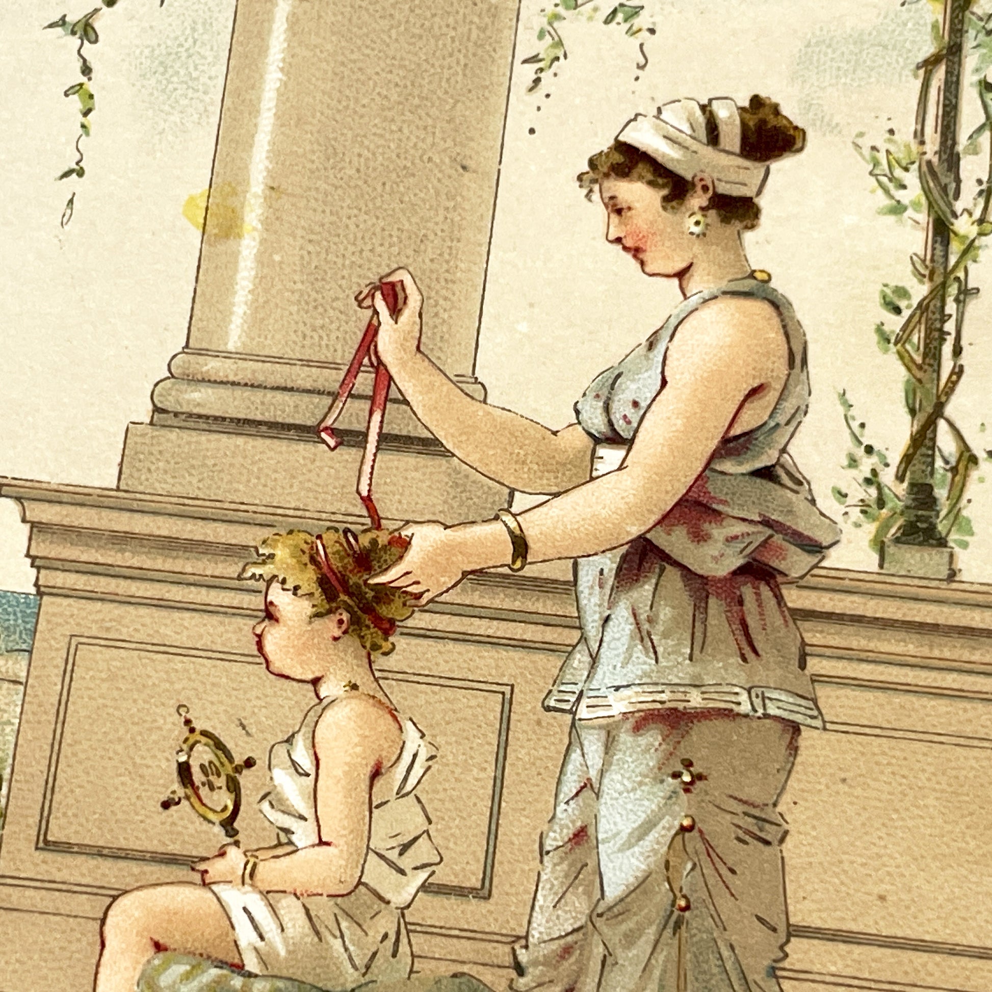1900s - Large Chromolithograph Print - La Toilette Scene - Classical Era Art Nouveau - Mother And Child - Antique French Collectible