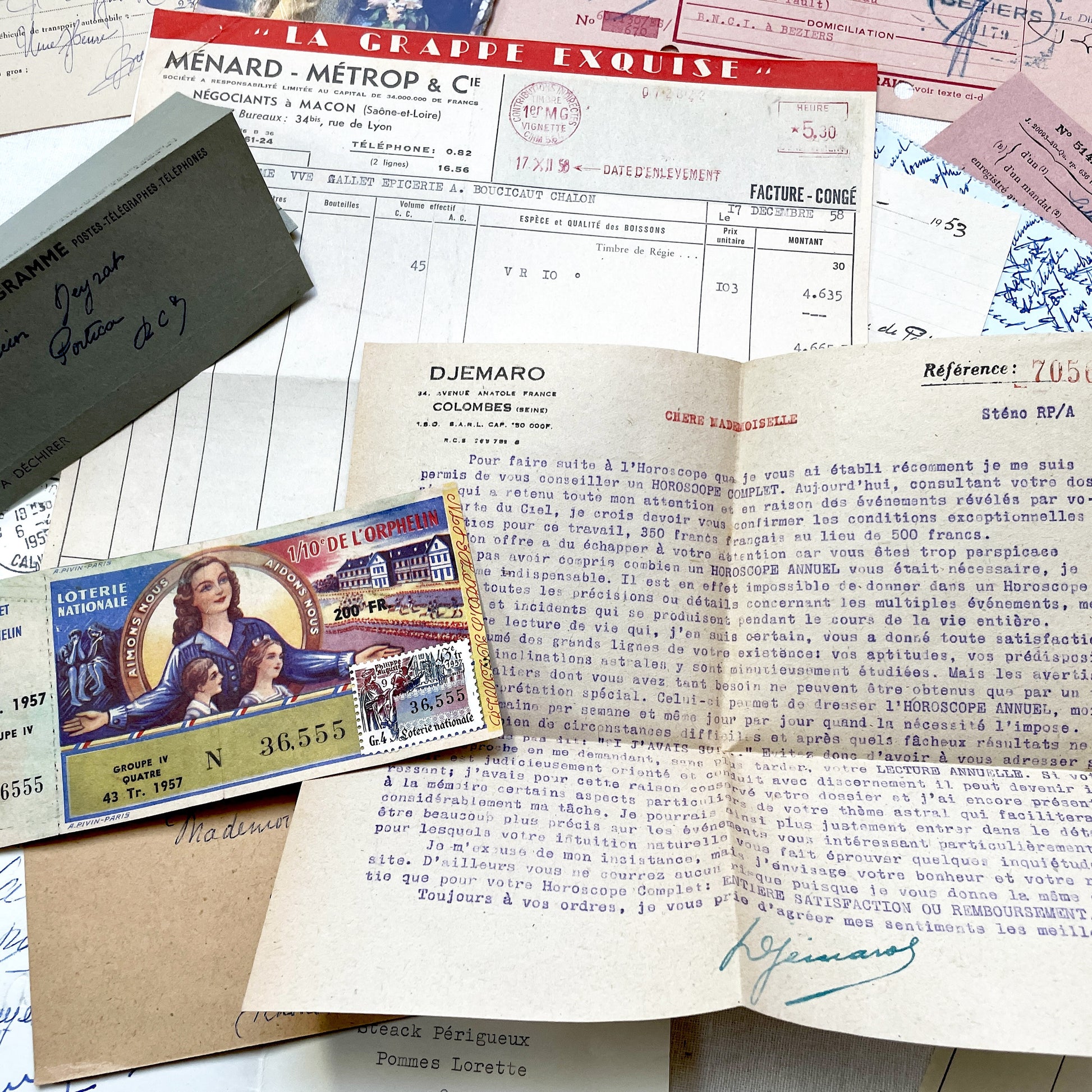 1950s - Vintage French Paper Ephemera Lot - Invoices - Letters - Postcards - Telegrams - Photos - Tickets - Junk Journal Supplies