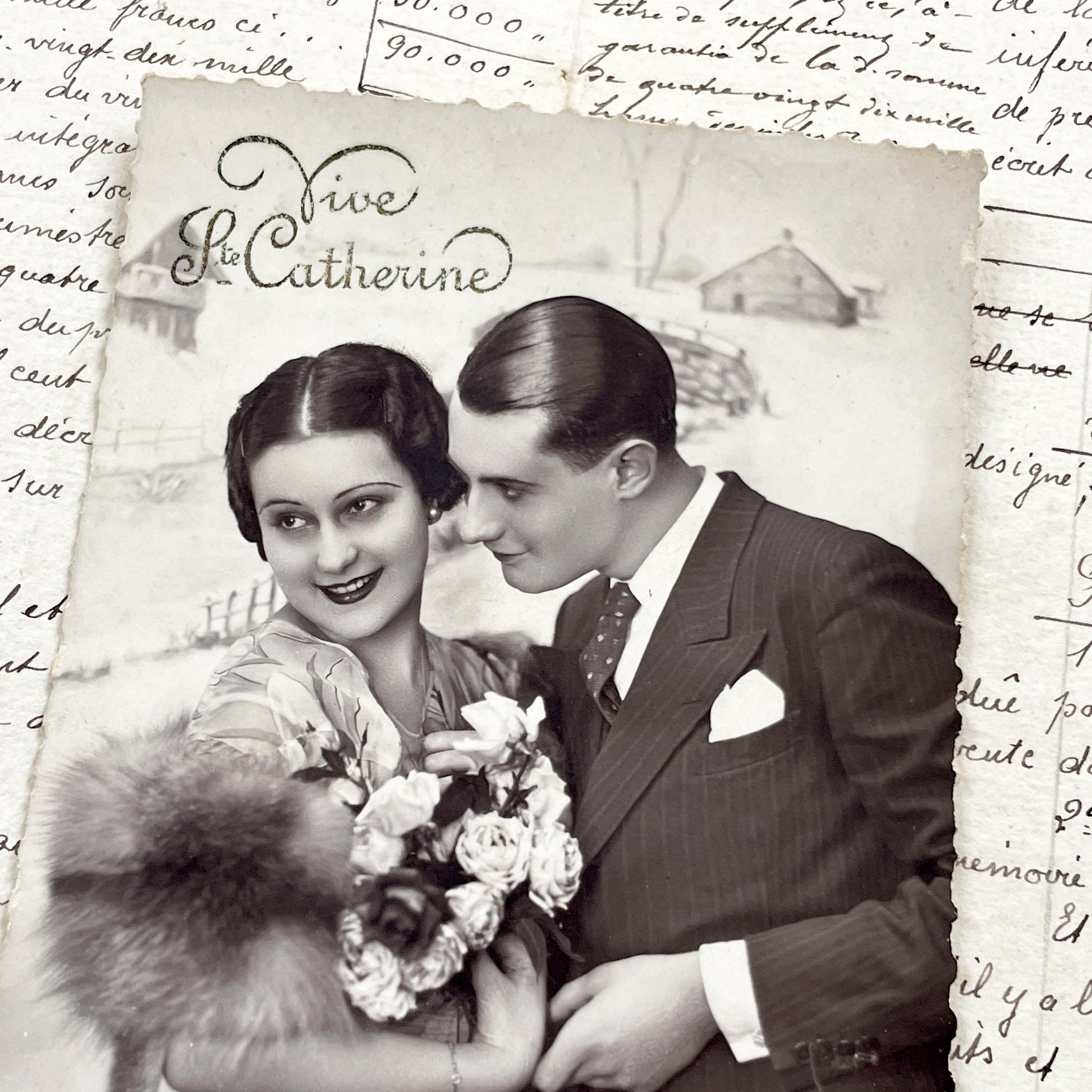 1940s - Vintage Photo Postcard - Romantic Couple Portrait - Elegant Art Deco Fashion - 'Vive Catherine' - Black White Ephemera Collectible
