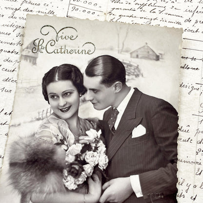 1940s - Vintage Photo Postcard - Romantic Couple Portrait - Elegant Art Deco Fashion - 'Vive Catherine' - Black White Ephemera Collectible