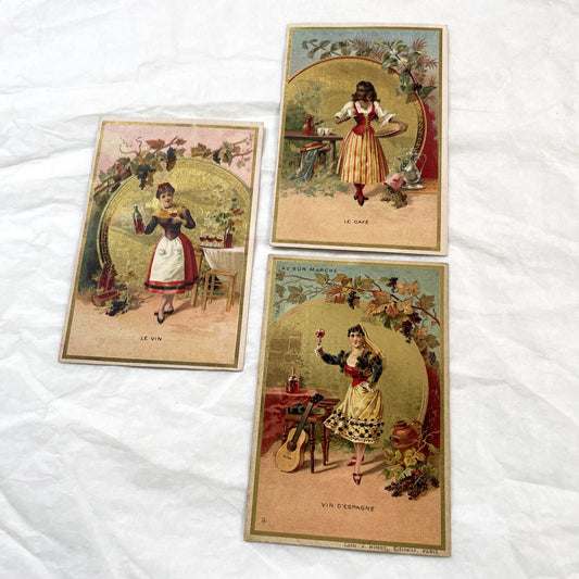 1900s - Set of Three Advertising Chromolithograph - Au Bon Marche Trade Cards - Vintage Wine Coffee Paris Art Print Decor