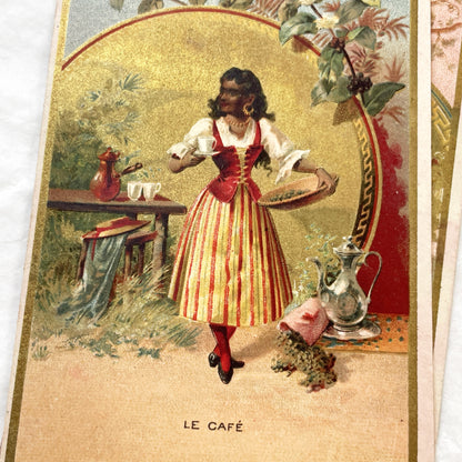 1900s - Set of Three Advertising Chromolithograph - Au Bon Marche Trade Cards - Vintage Wine Coffee Paris Art Print Decor