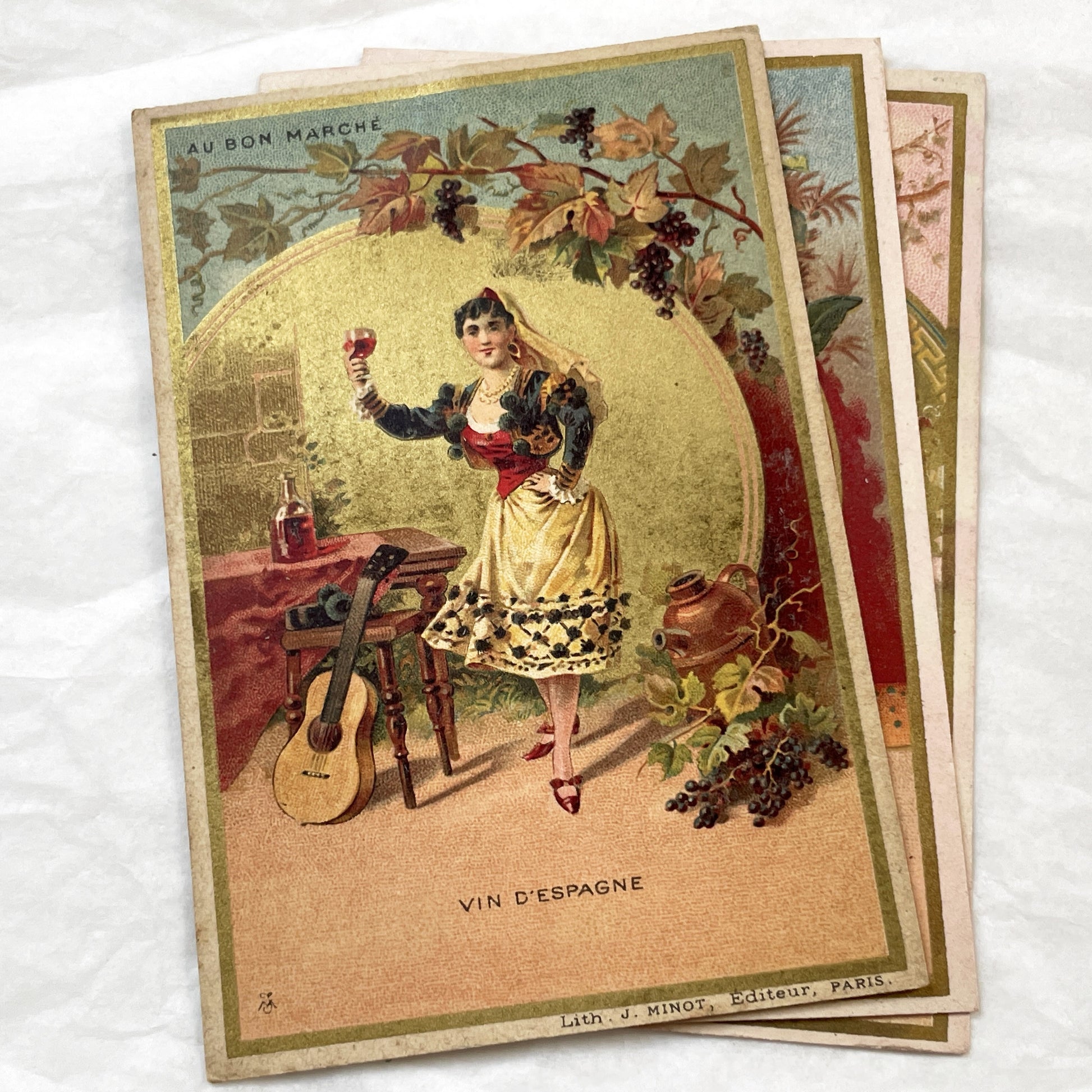 1900s - Set of Three Advertising Chromolithograph - Au Bon Marche Trade Cards - Vintage Wine Coffee Paris Art Print Decor