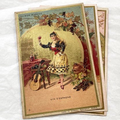 1900s - Set of Three Advertising Chromolithograph - Au Bon Marche Trade Cards - Vintage Wine Coffee Paris Art Print Decor