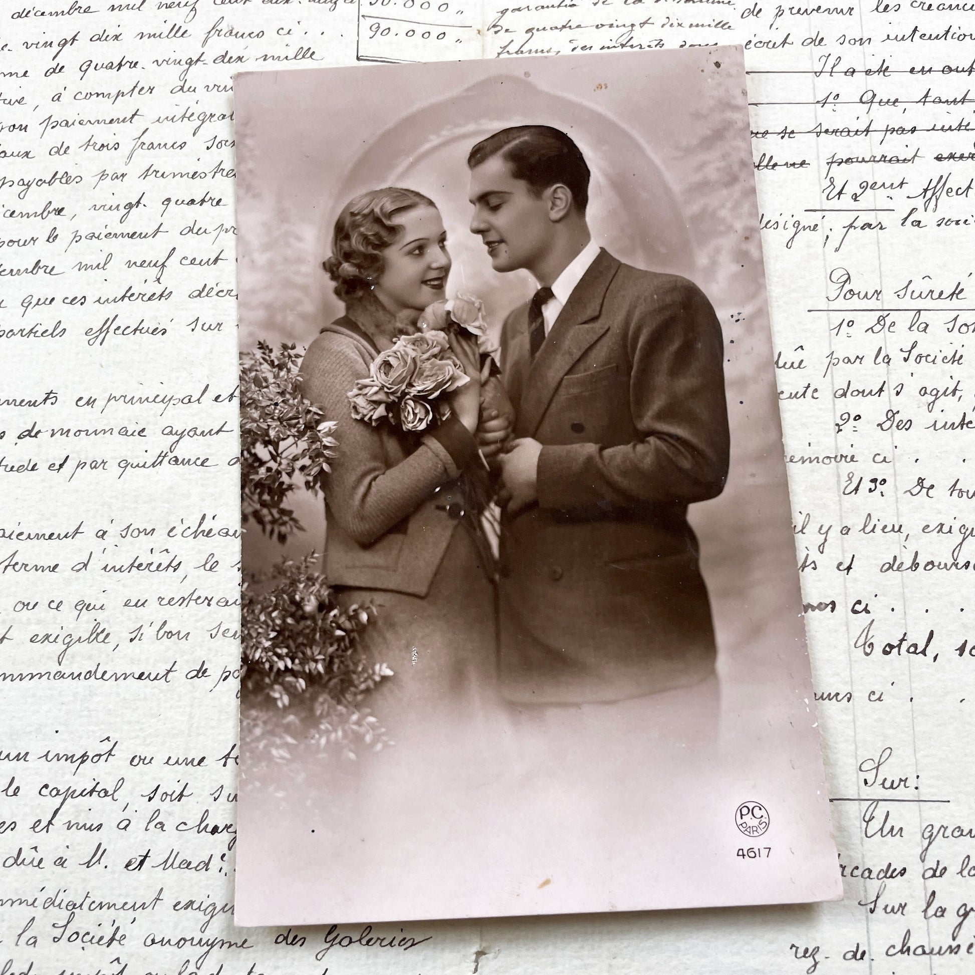 1930s - Vintage Sepia Photo - Romantic Couple Portrait - French Ephemera - Early 20th Century - PC Paris Original - Antique Love Story Print