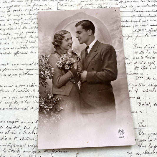 1930s - Vintage Sepia Photo - Romantic Couple Portrait - French Ephemera - Early 20th Century - PC Paris Original - Antique Love Story Print