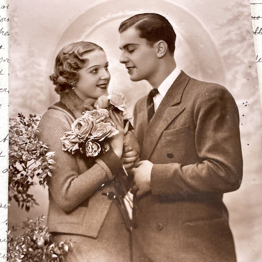 1930s - Vintage Sepia Photo - Romantic Couple Portrait - French Ephemera - Early 20th Century - PC Paris Original - Antique Love Story Print