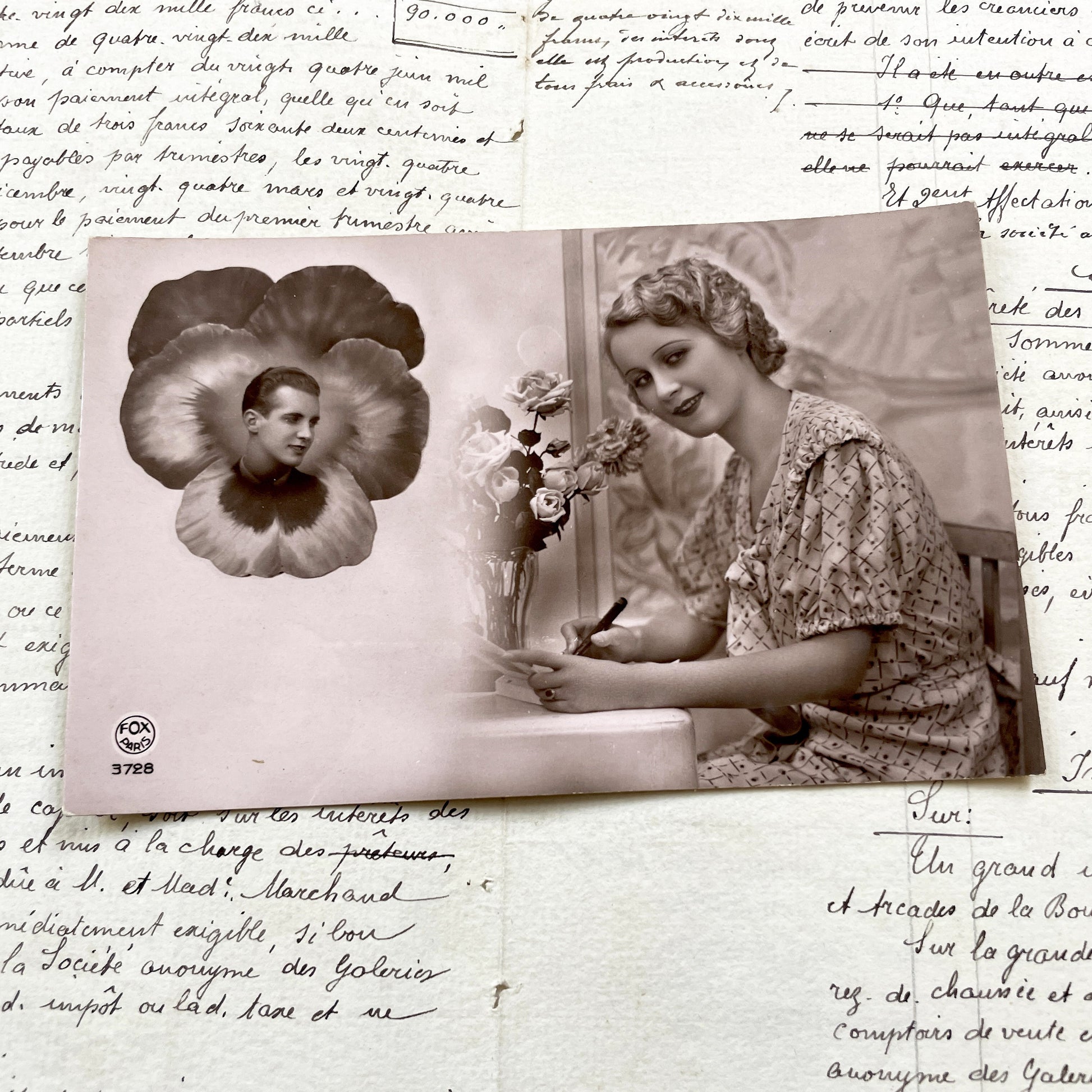 1930s - Vintage French Postcard – Romantic Couple, Woman Writing Letter & Man in Pansy Flower, 1930s Photo Card