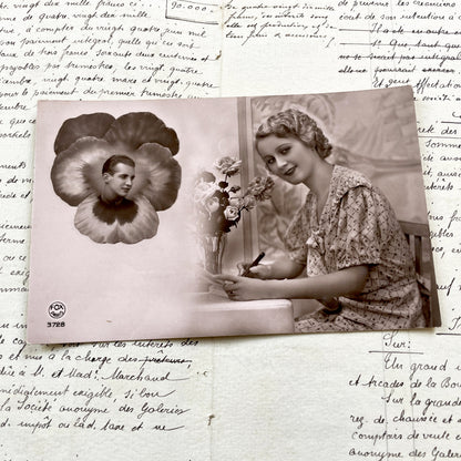 1930s - Vintage French Postcard – Romantic Couple, Woman Writing Letter & Man in Pansy Flower, 1930s Photo Card