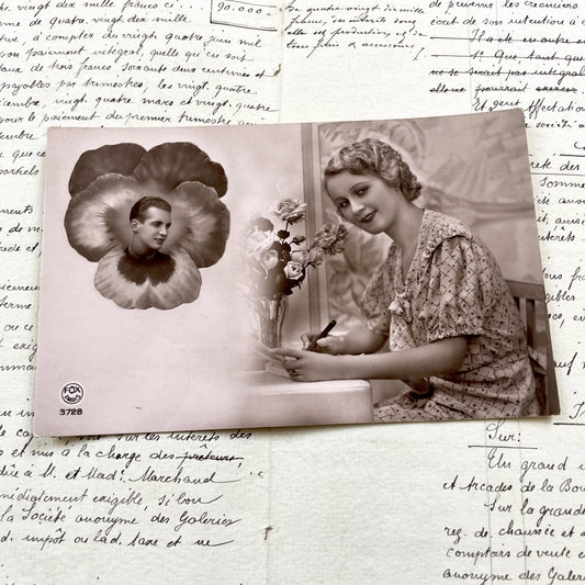 1930s - Vintage French Postcard – Romantic Couple, Woman Writing Letter & Man in Pansy Flower, 1930s Photo Card