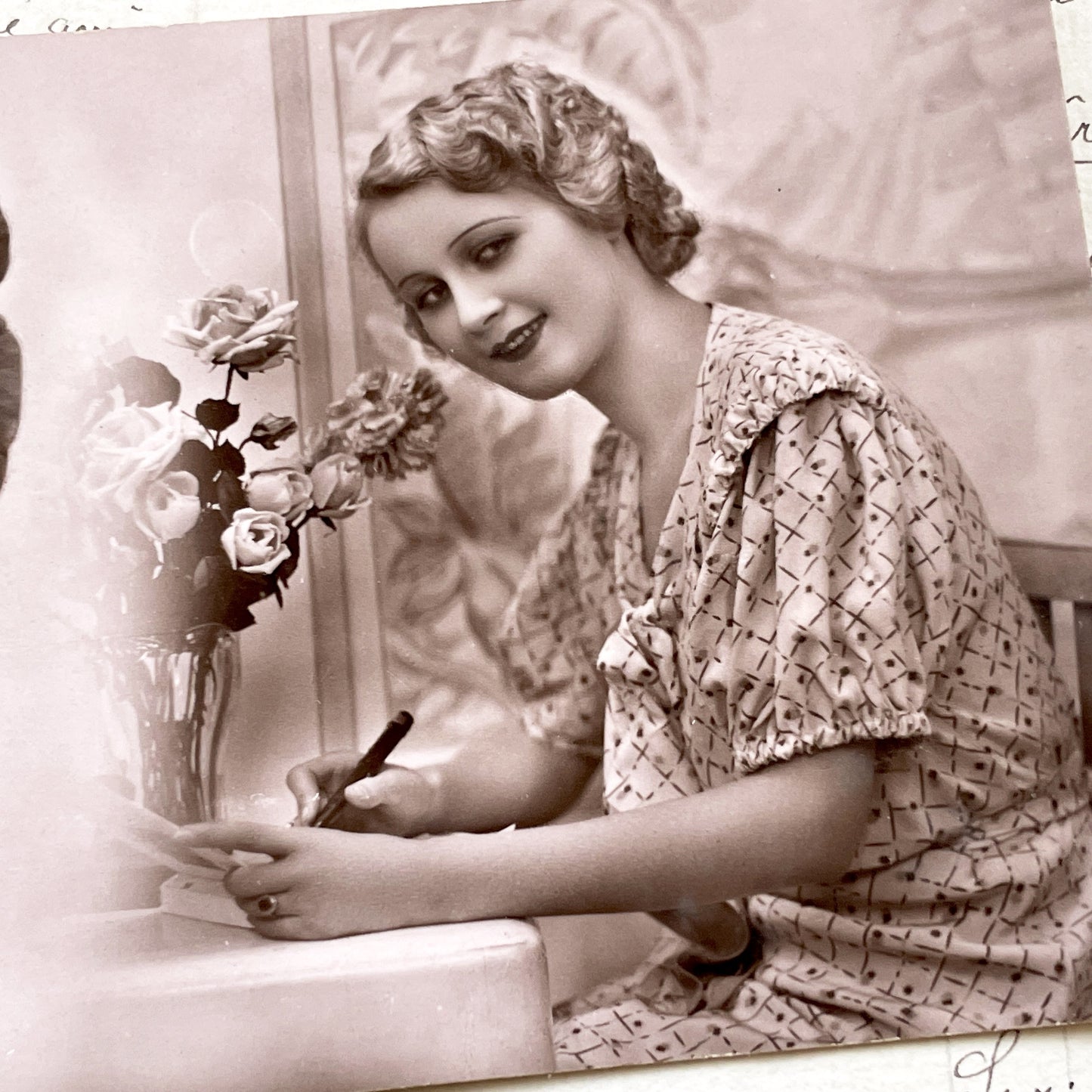 1930s - Vintage French Postcard – Romantic Couple, Woman Writing Letter & Man in Pansy Flower, 1930s Photo Card