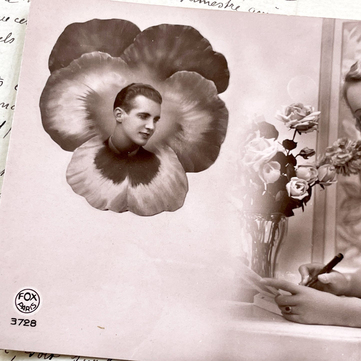 1930s - Vintage French Postcard – Romantic Couple, Woman Writing Letter & Man in Pansy Flower, 1930s Photo Card