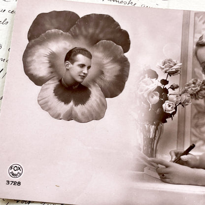 1930s - Vintage French Postcard – Romantic Couple, Woman Writing Letter & Man in Pansy Flower, 1930s Photo Card