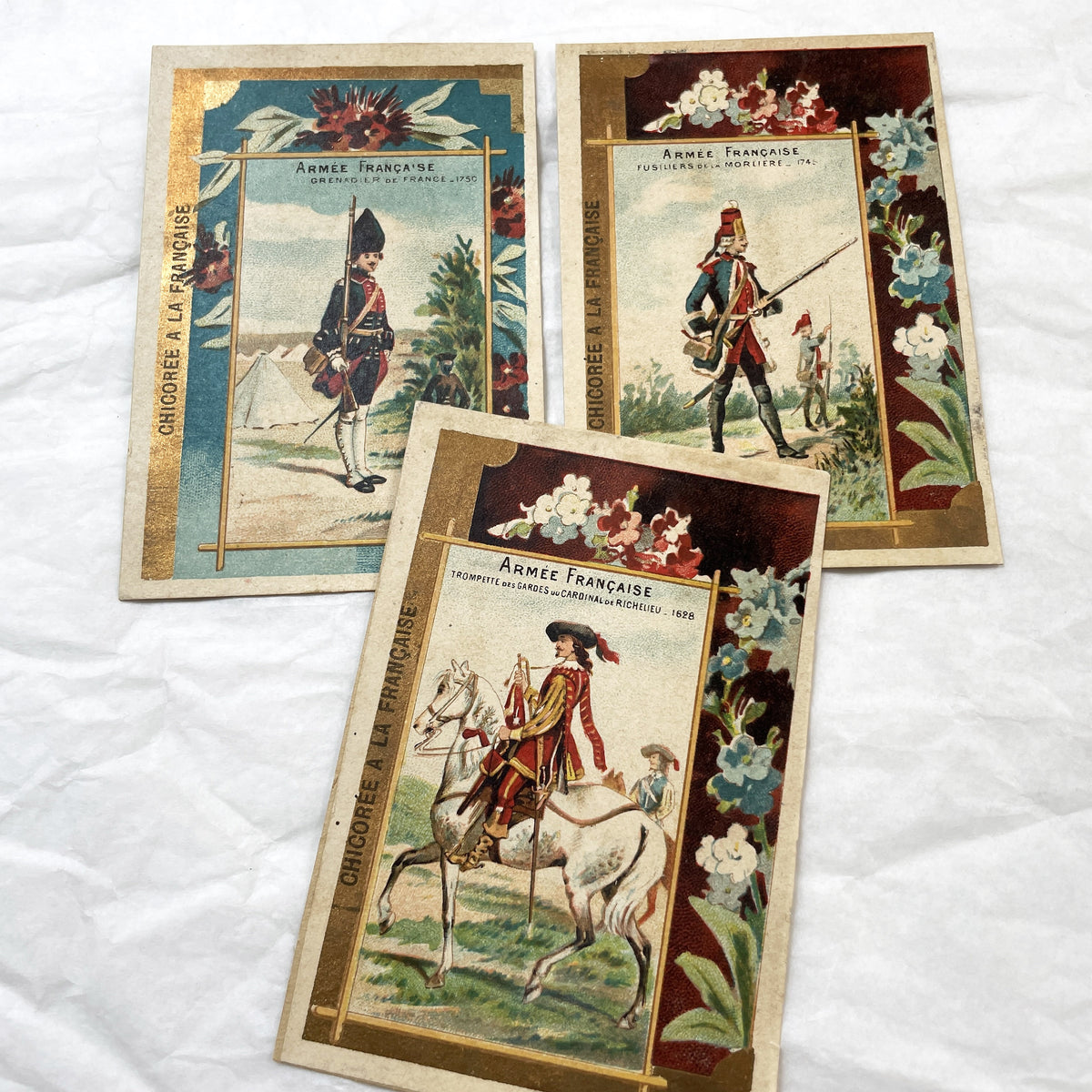 1900s - Three French Military Chromos - Chicoree A La Francaise Advertising - Historical Soldiers Uniforms Ephemera Collection