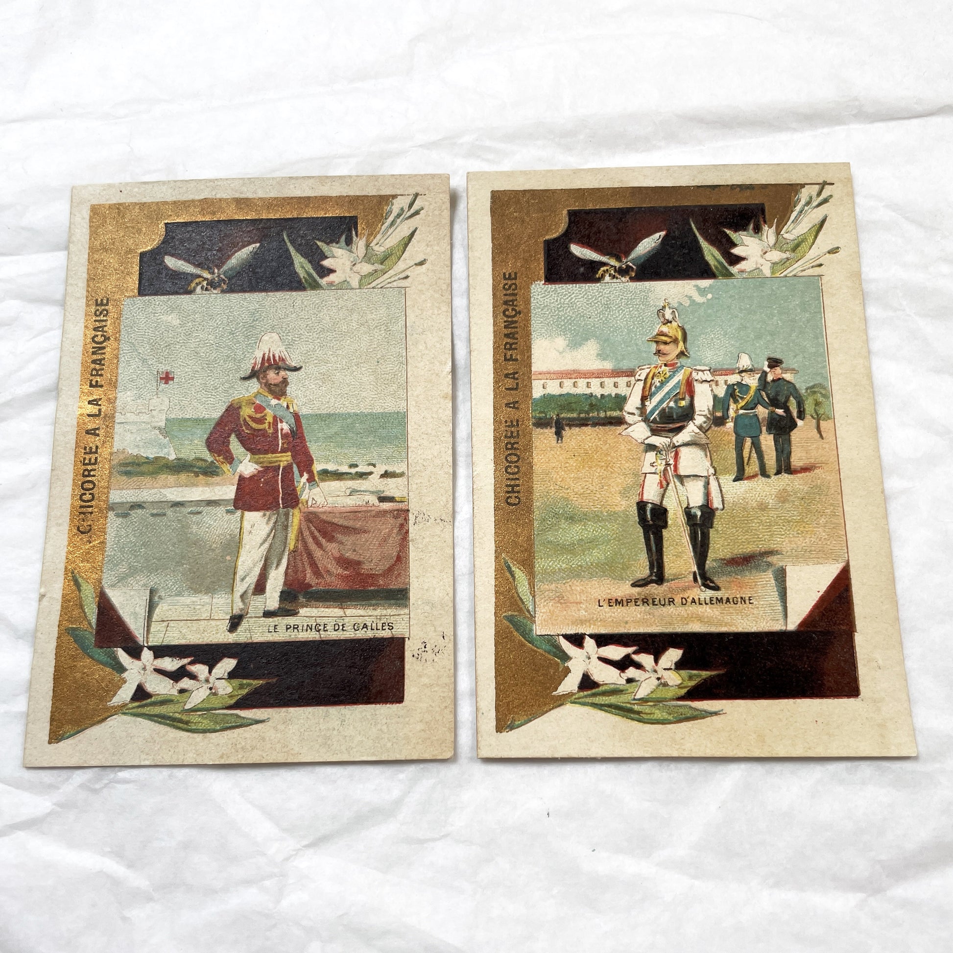 1900s - Two French Chicory Advertising Cards - Prince Of Wales - German Emperor - European Royalty - Military Uniforms - Trade Cards