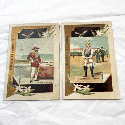 1900s - Two French Chicory Advertising Cards - Prince Of Wales - German Emperor - European Royalty - Military Uniforms - Trade Cards
