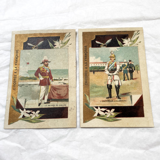 1900s - Two French Chicory Advertising Cards - Prince Of Wales - German Emperor - European Royalty - Military Uniforms - Trade Cards