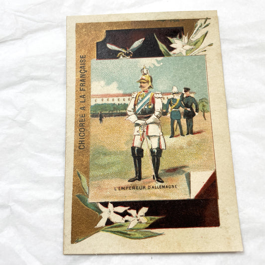 1900s - Two French Chicory Advertising Cards - Prince Of Wales - German Emperor - European Royalty - Military Uniforms - Trade Cards