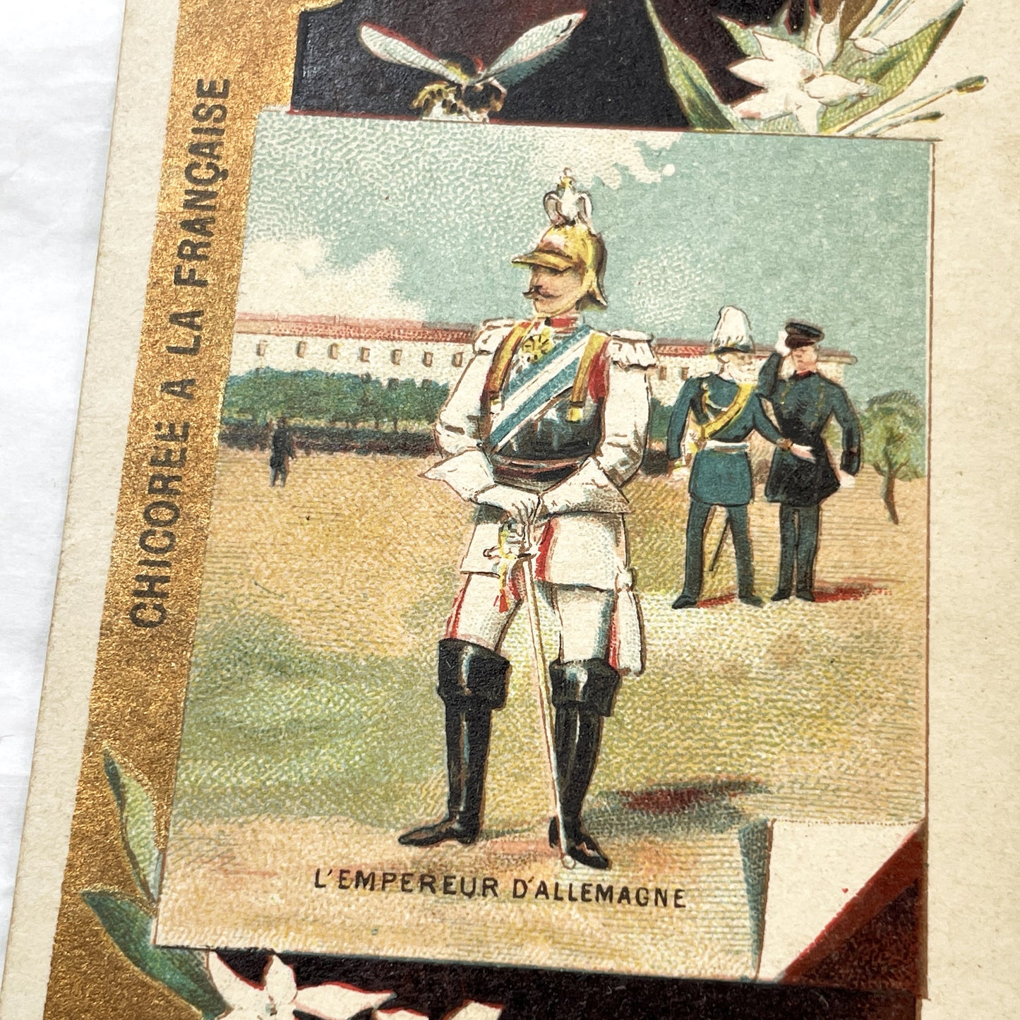 1900s - Two French Chicory Advertising Cards - Prince Of Wales - German Emperor - European Royalty - Military Uniforms - Trade Cards