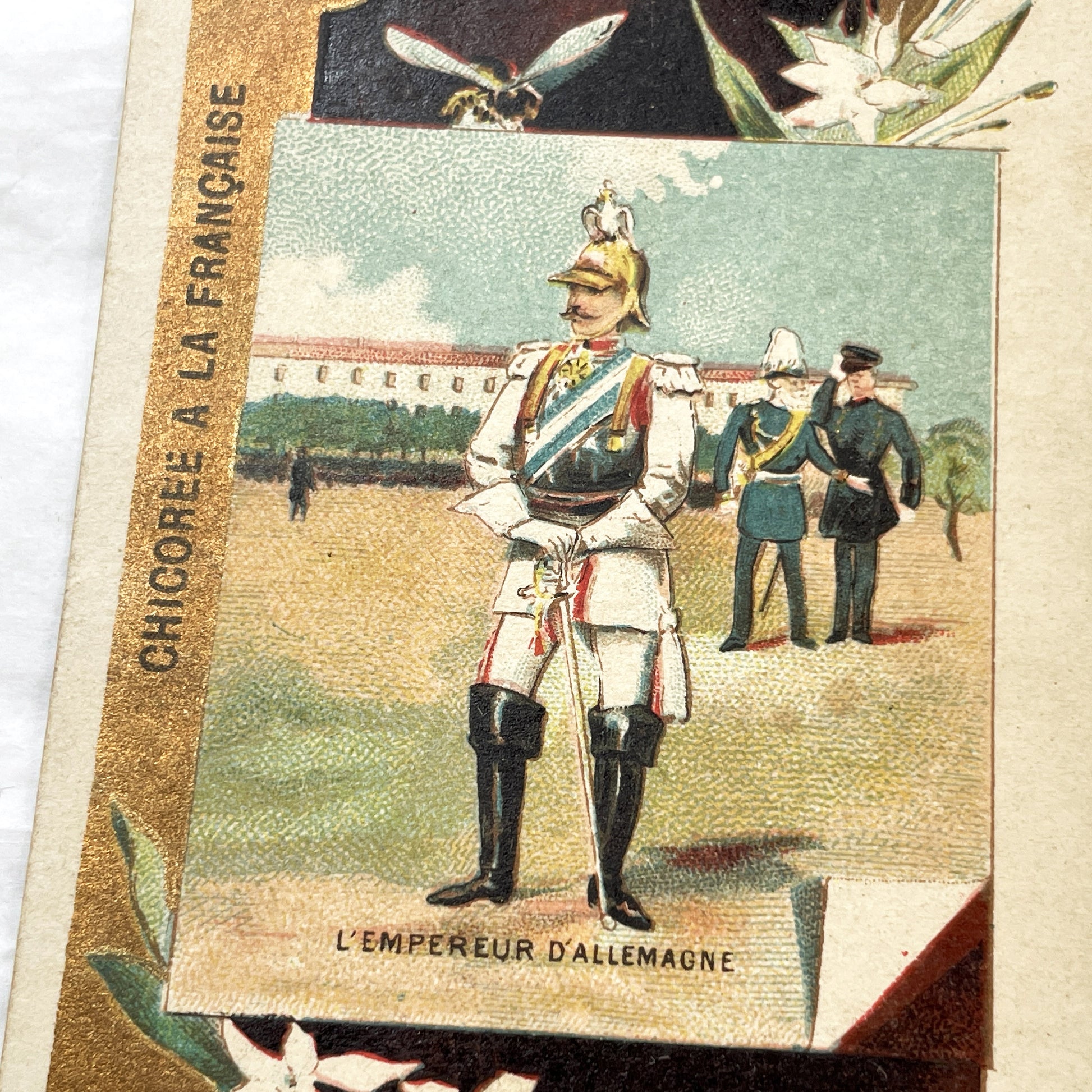 1900s - Two French Chicory Advertising Cards - Prince Of Wales - German Emperor - European Royalty - Military Uniforms - Trade Cards