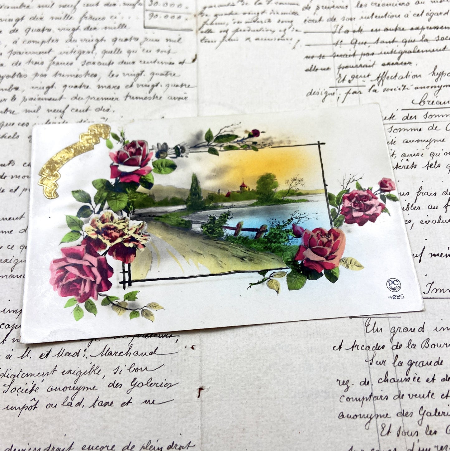 1920s - Vintage French Landscape Postcard - Roses Chromolithograph - Bonne Fête Postcard