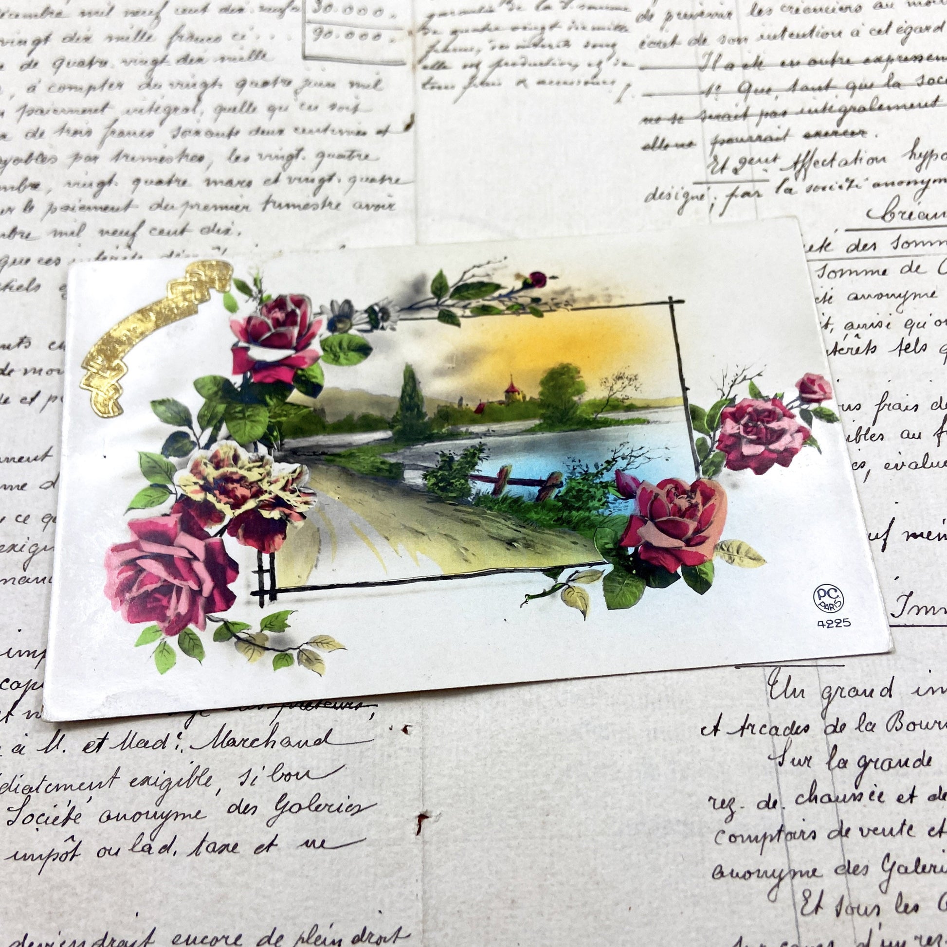 1920s - Vintage French Landscape Postcard - Roses Chromolithograph - Bonne Fête Postcard