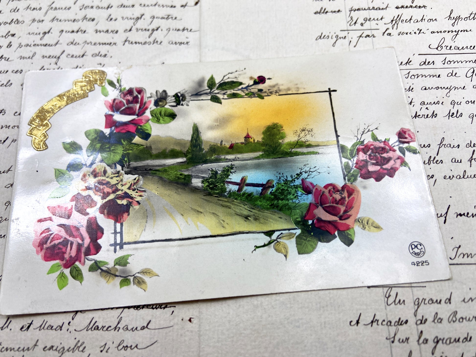 1920s - Vintage French Landscape Postcard - Roses Chromolithograph - Bonne Fête Postcard