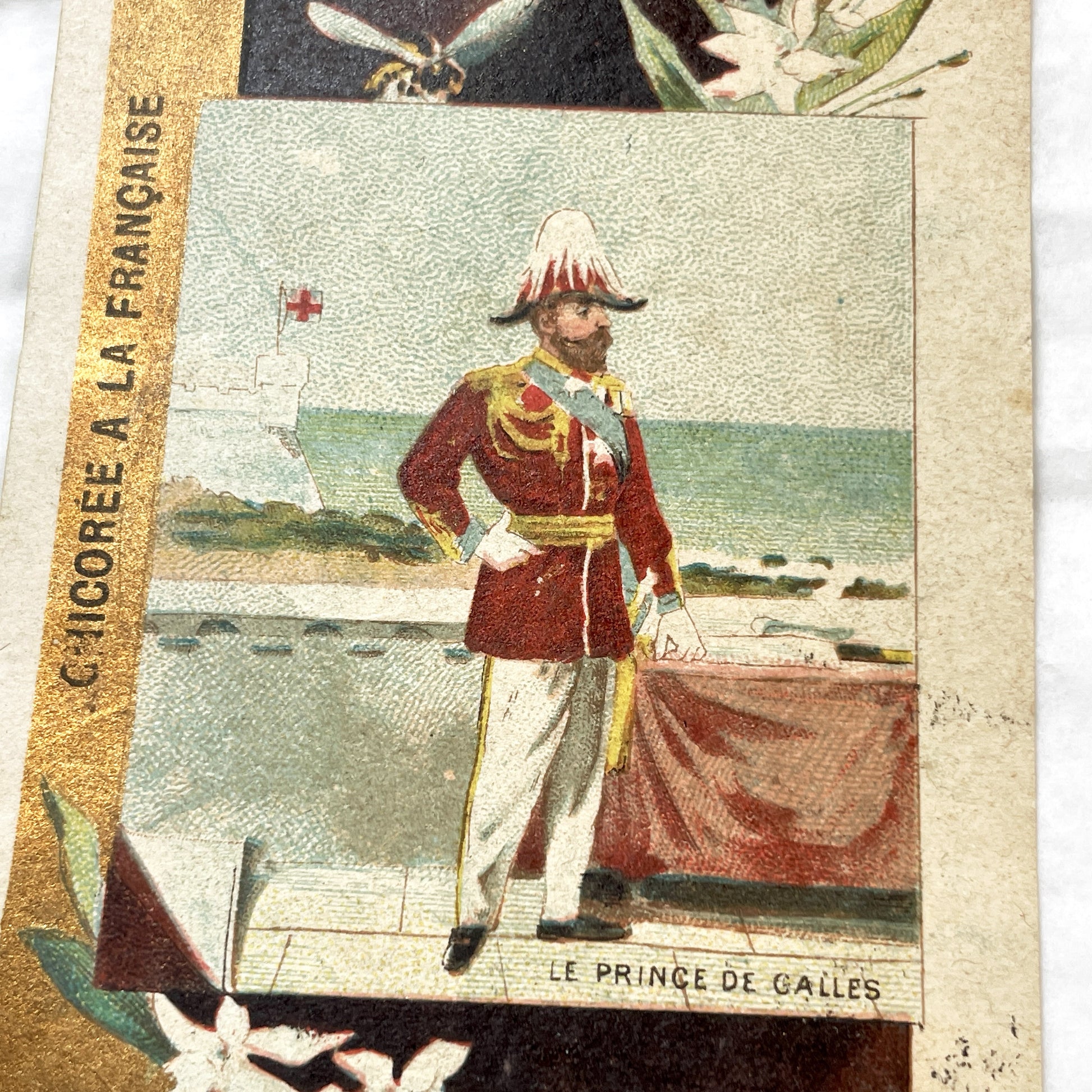 1900s - Two French Chicory Advertising Cards - Prince Of Wales - German Emperor - European Royalty - Military Uniforms - Trade Cards
