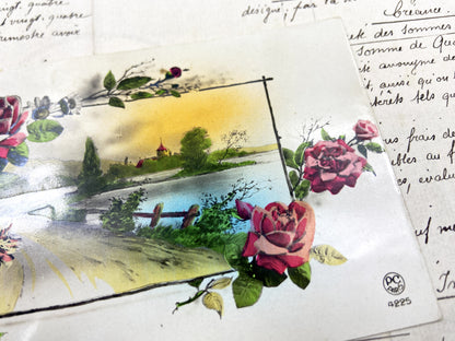 1920s - Vintage French Landscape Postcard - Roses Chromolithograph - Bonne Fête Postcard