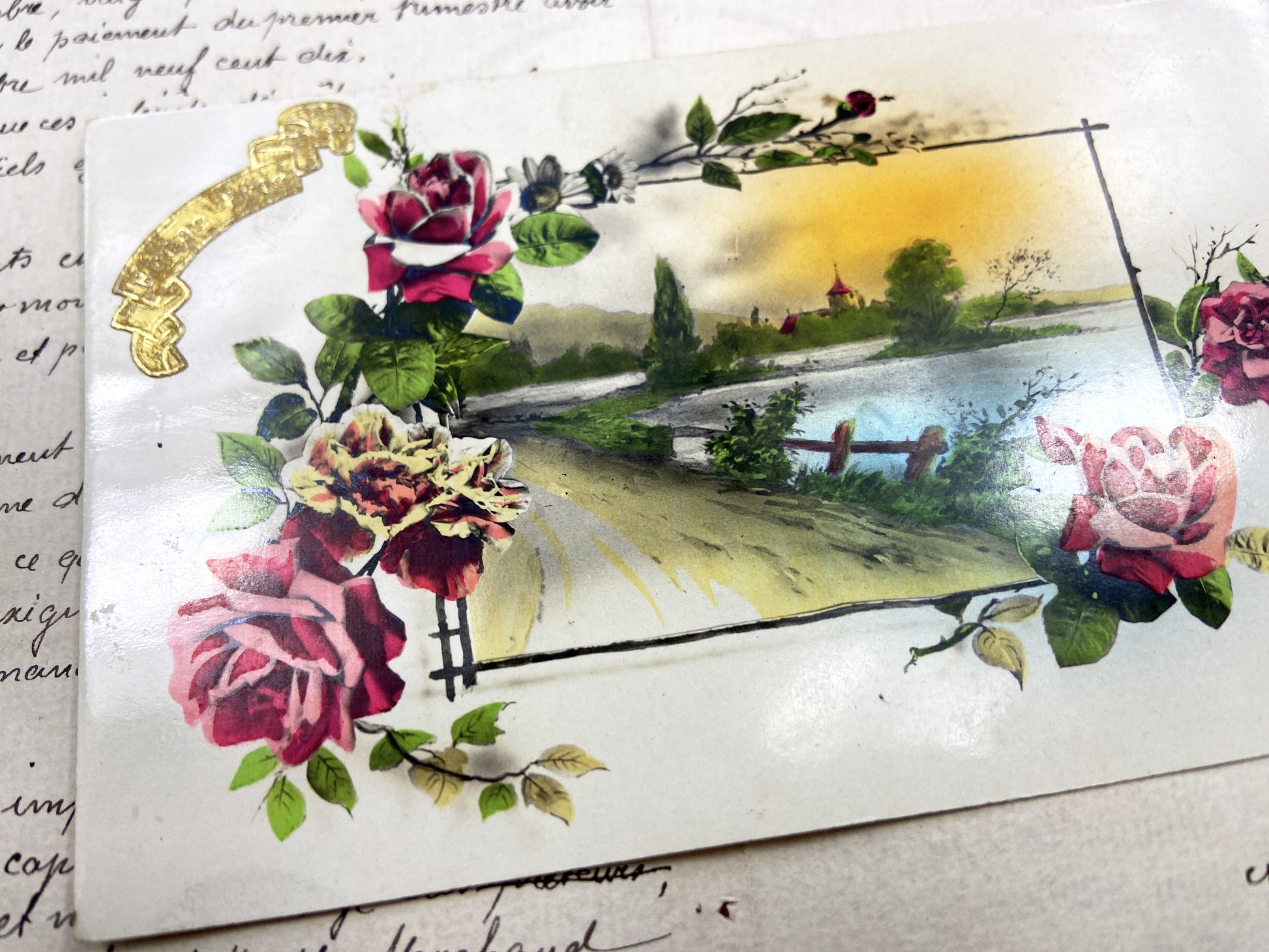 1920s - Vintage French Landscape Postcard - Roses Chromolithograph - Bonne Fête Postcard