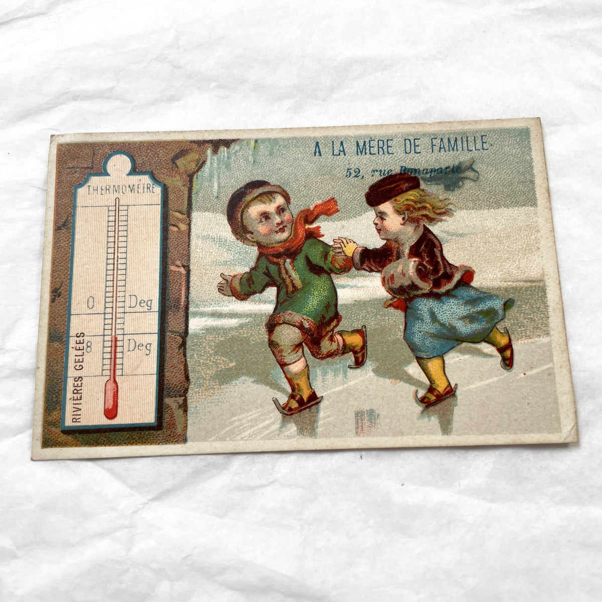 1900s - Antique French Advertising Card - A La Mere De Famille Confectionery - Children Ice Skating - Thermometer Winter Scene - Ephemera