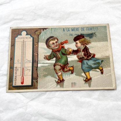 1900s - Antique French Advertising Card - A La Mere De Famille Confectionery - Children Ice Skating - Thermometer Winter Scene - Ephemera