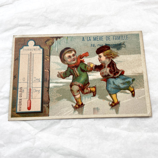 1900s - Antique French Advertising Card - A La Mere De Famille Confectionery - Children Ice Skating - Thermometer Winter Scene - Ephemera