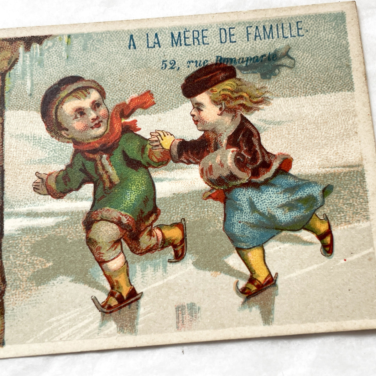 1900s - Antique French Advertising Card - A La Mere De Famille Confectionery - Children Ice Skating - Thermometer Winter Scene - Ephemera