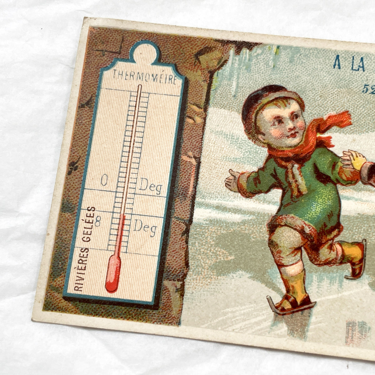 1900s - Antique French Advertising Card - A La Mere De Famille Confectionery - Children Ice Skating - Thermometer Winter Scene - Ephemera