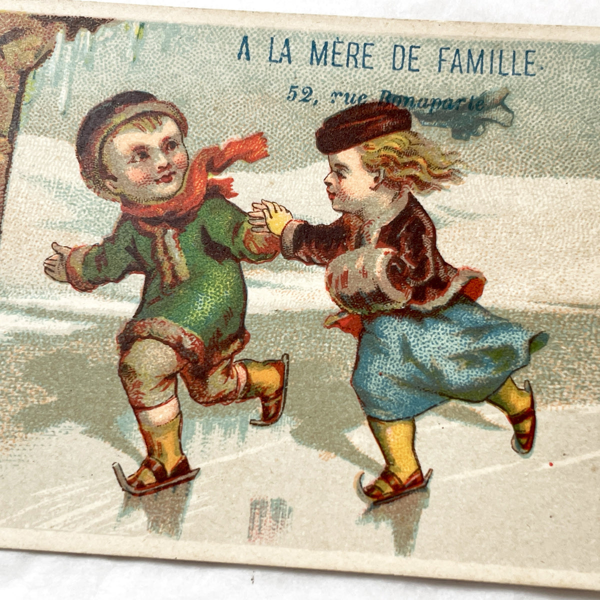 1900s - Antique French Advertising Card - A La Mere De Famille Confectionery - Children Ice Skating - Thermometer Winter Scene - Ephemera