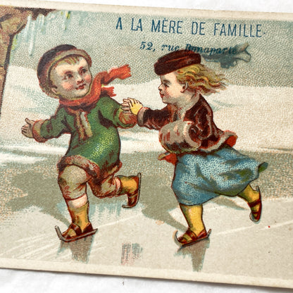 1900s - Antique French Advertising Card - A La Mere De Famille Confectionery - Children Ice Skating - Thermometer Winter Scene - Ephemera