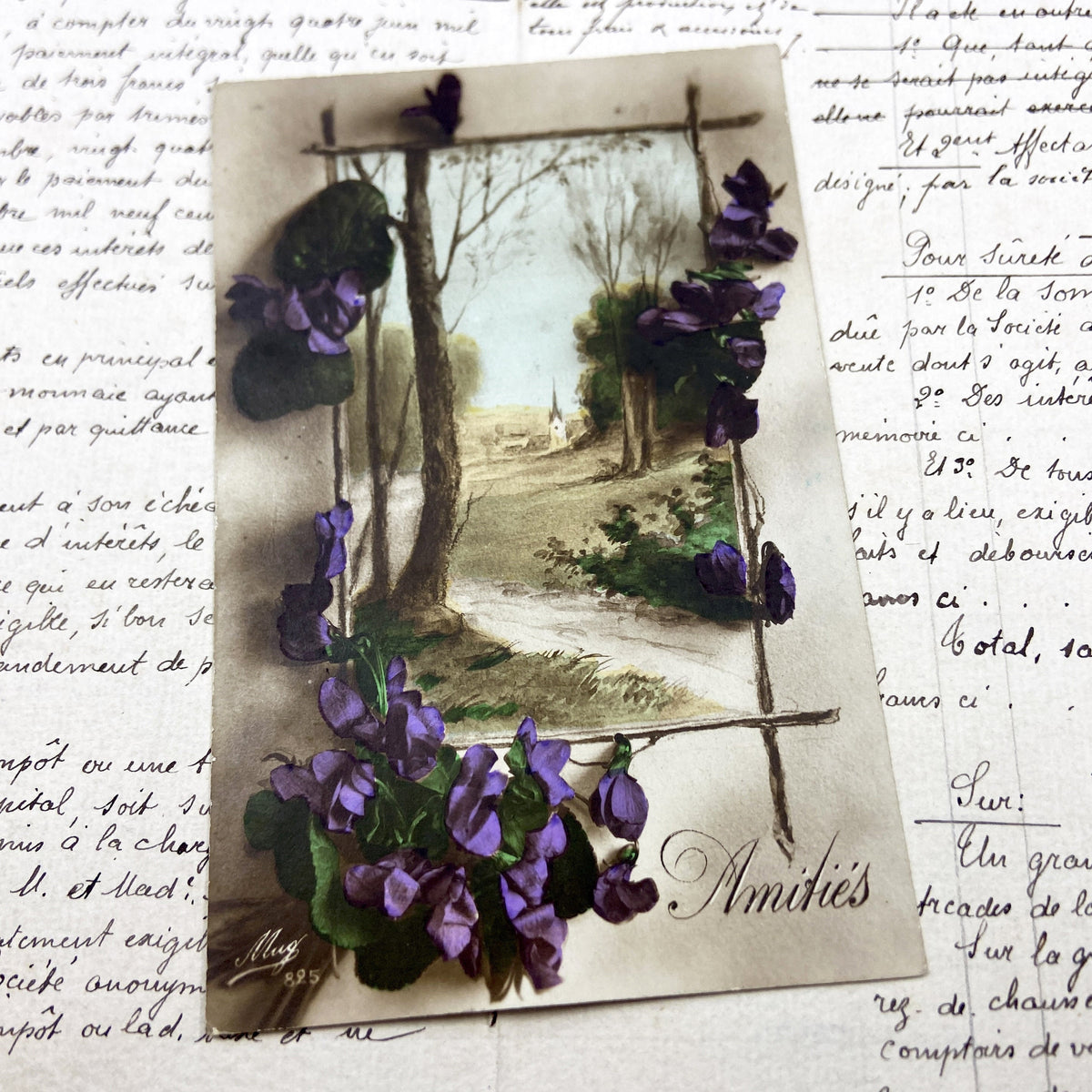 1910s - Vintage French Floral Postcard - Applied Purple Violets - Landscape Church Scene - Amities Sentiments - Antique Ephemera
