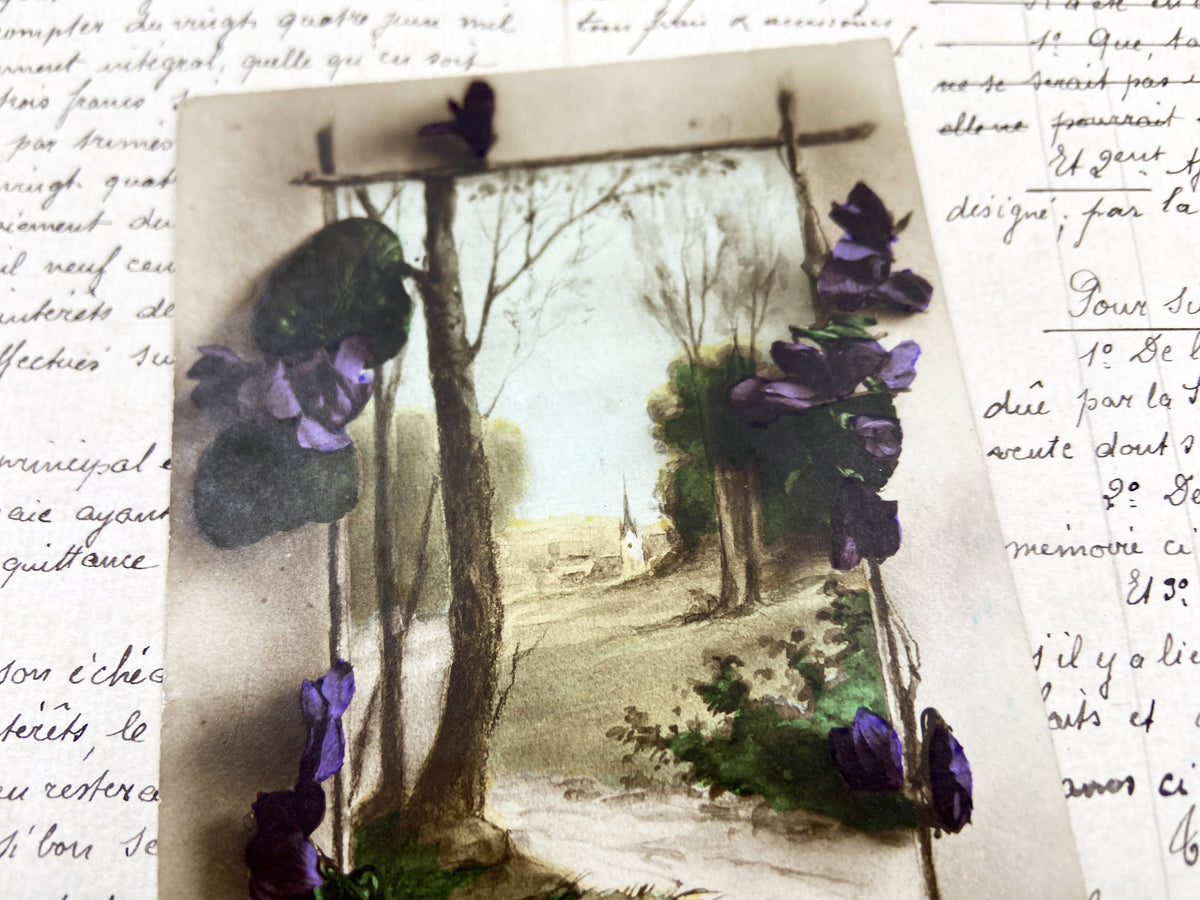 1910s - Vintage French Floral Postcard - Applied Purple Violets - Landscape Church Scene - Amities Sentiments - Antique Ephemera
