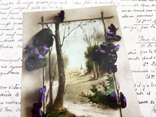 1910s - Vintage French Floral Postcard - Applied Purple Violets - Landscape Church Scene - Amities Sentiments - Antique Ephemera