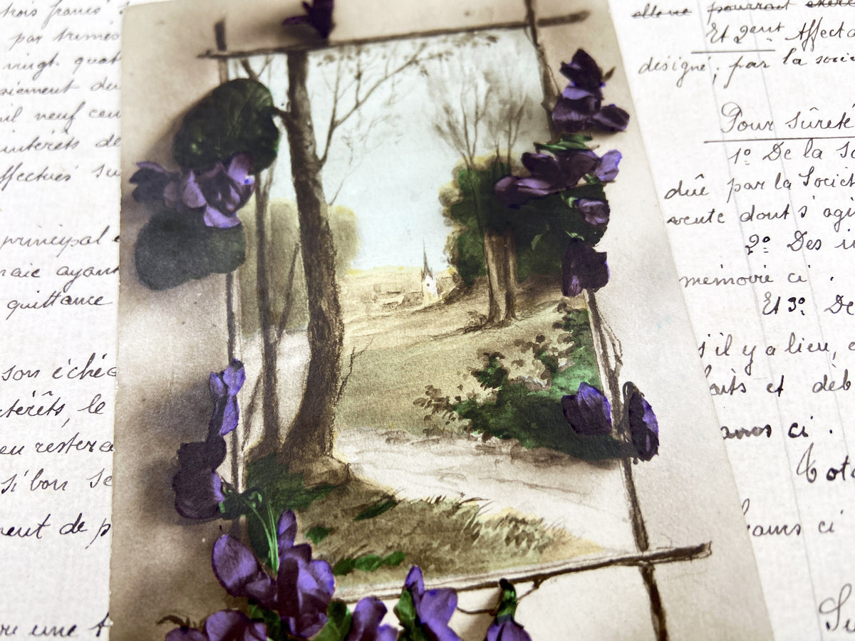 1910s - Vintage French Floral Postcard - Applied Purple Violets - Landscape Church Scene - Amities Sentiments - Antique Ephemera